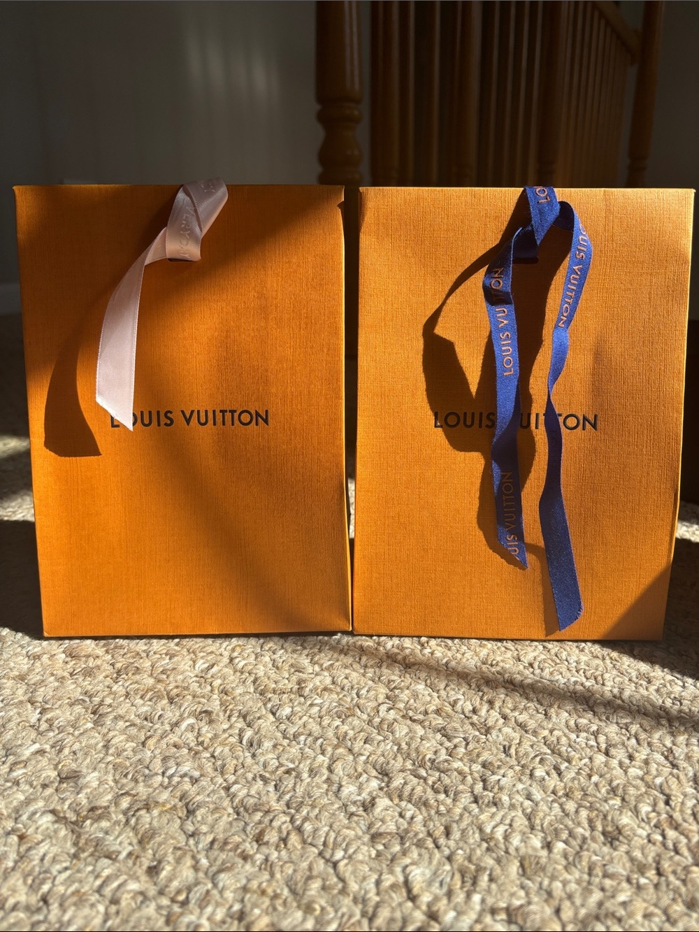 Louis Vuitton Orange Gift Bags with Pink and Blue Ribbons